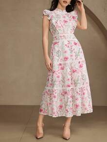 DAZY Elegant blommig spetsklänning med volangkrage och mellanlång krage för kvinnor, vår-/sommarklänning för bröllopsgäster, sommarklänning - Rosa - Visa 5