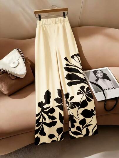 SHEIN Franclia Elegant Elastic Waist Straight Leg Printed Pants, Suitable For Vacation, Casual Wear For Women, Fits Spring, Summer, Autumn, Winter, Halloween, Christmas, Thanksgiving, Elegant Casual, Fashionable, Suitable For Dates