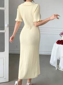 DAZY Women's Elegant Solid Color Ruffle Collar Knit Dress, Summer - Beige - View 2
