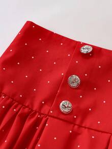 SHEIN Franclia Women's High-Waisted Midi Skirt, Women's Printed Midi Skirt With Buttons, Red And White Polka-Dot Chinese-Style Romantic Date Midi Skirt Dress, Women's Chinese-Style Summer/Spring/Autumn Polka-Dot Printed Red/White Polka-Dot Midi Skirt, Beach Vacation Atmosphere Midi Skirt, Women's High-Waisted Polka-Dot Summer New Arrivals, Simple Midi Skirt With Elegance. - Red and White - View 4