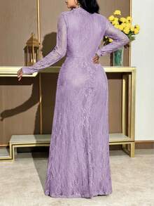 Modelyn Women's Elegant Solid Color Lace 3D Floral Decor Mid-Length Dress - Dusty Purple - View 2