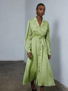 Aveloria Modichic Commuter Style Collared Minimalist Striped Satin Long Sleeve Dress - Green - View 1