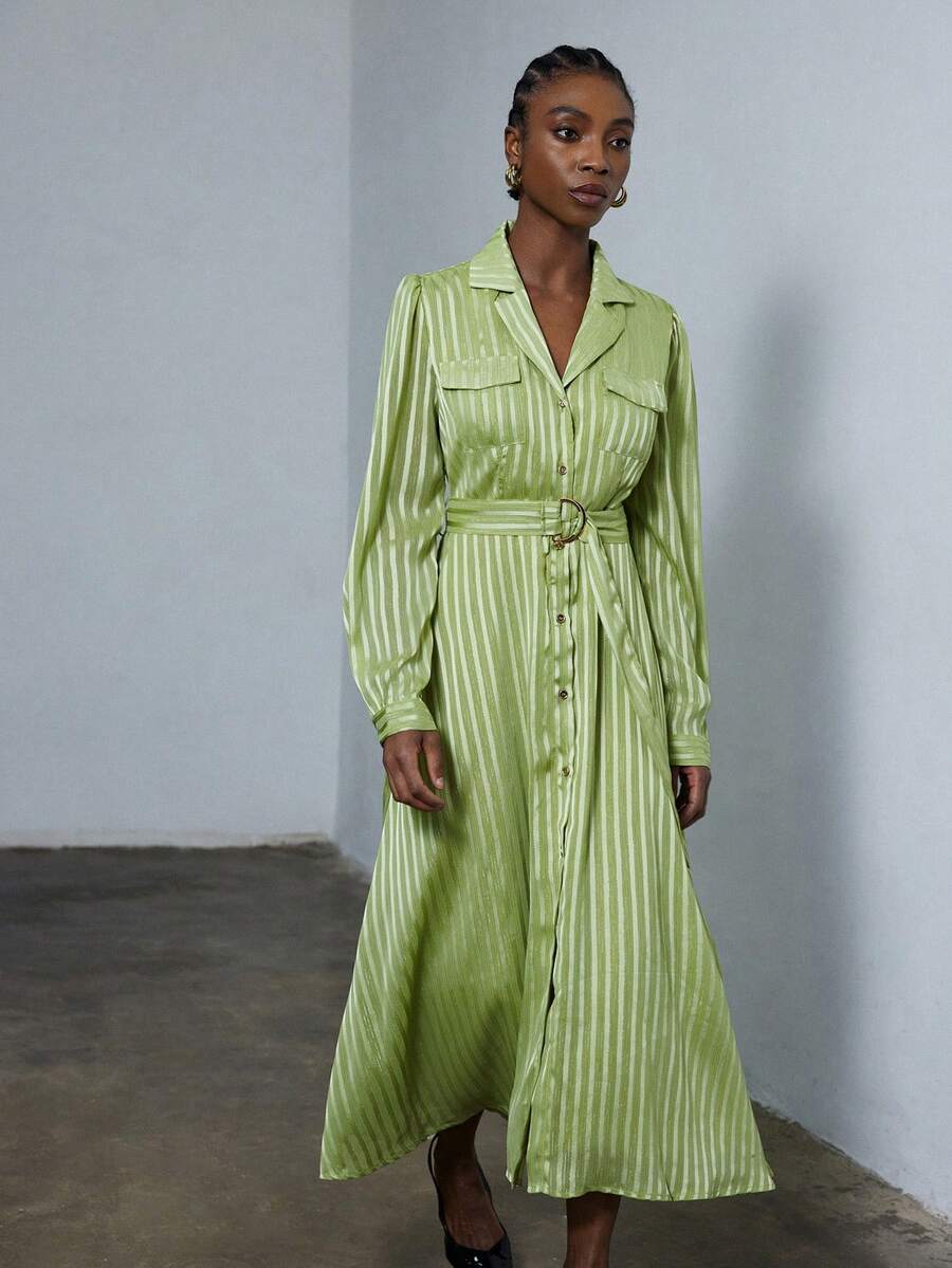 Aveloria Modichic Commuter Style Collared Minimalist Striped Satin Long Sleeve Dress - Green - View 1