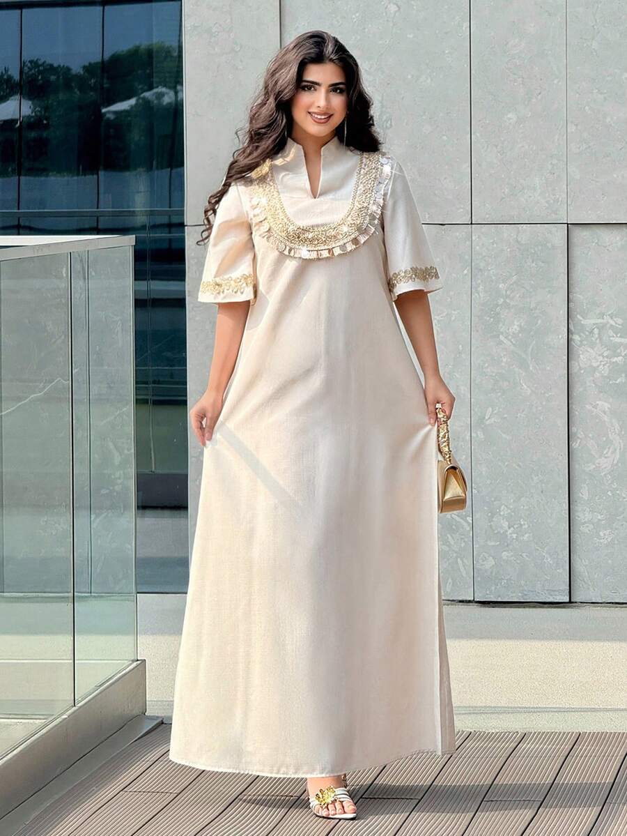Al Najma Women's Tassel Design V-Neck Short Sleeve Loose Elegant Arabic Dress