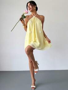 Firerie 女士雪纺优雅奶油黄露背吊带系腰短裙，女士约会之夜连衣裙，女士夏季连衣裙，女士蜜月旅行装，女士婚礼宾客连衣裙，浪漫海岛度假装，女士婚礼宾客连衣裙，女士吊带连衣裙，女士优雅派对连衣裙，女士生日连衣裙，节日连衣裙，荷叶边吊带连衣裙 - 淡黃色 - 查看 10