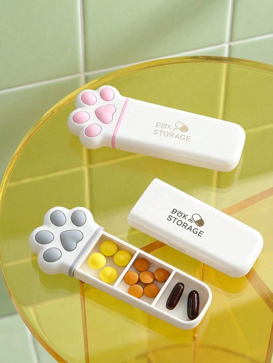 Joivida 1 Portable Creative Mini Cat Claw Pill Storage Box - Portable Daily Medication Storage Box With 3 Compartments, Independent Plastic Medicine Box - Love Multi Functional Jewelry Stand, No Power Required