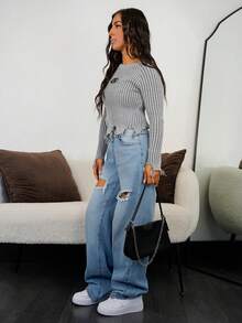 SAYEHFBABY 秋冬条纹破洞毛衣 - 灰色 - 查看 4