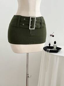 Elamini Women's Waist Buckle Design Bodycon Denim Mini Skirt - Army Green - View 3
