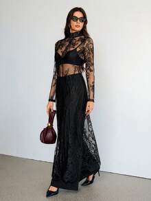 SHEIN Tall 2025 Thích hợp cho nhiệt độ 5-15°C, Có thể mặc nhiều lớp, Phong cách đô thị hiện đại, Vải ren đen, Dáng ôm eo, Đầm dài nữ, Thanh lịch & Đa năng cho trang phục hàng ngày, Đầm dự tiệc mùa xuân hè mới, Trang phục ren xuyên thấu cho nữ - màu đen - Xem 5