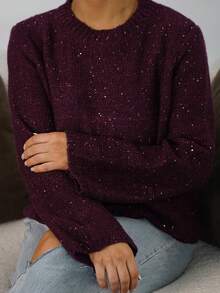 SAYEHFBABY Women's Casual Sequin Crew Neck Sweater, Autumn - Burgundy - View 3