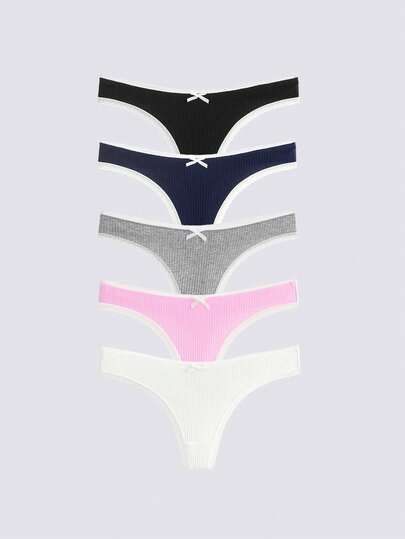 Loungeista 5条装女士多色罗纹高弹力可爱蝴蝶结性感蕾丝边丁字裤