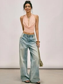 Easelle 复古西瓜粉针织露背吊带上衣，可爱露背领衬衫，Y2K 2000年代风格女装，露肩上衣 - 西瓜粉 - 查看 10