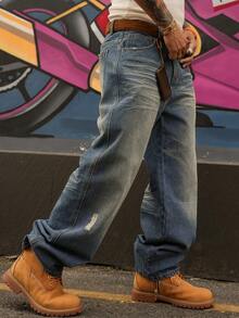 DAZY 男士做旧水洗口袋阔腿宽松牛仔裤，春秋季 - 藍色 - 查看 6