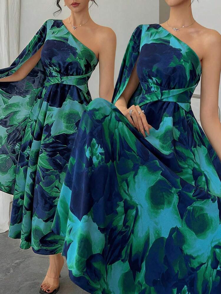 Women's Elegant Floral Asymmetric Shoulder Dress, Spring/Summer Wedding Guest Dress Sundress Boho