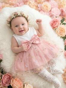 SHEIN 夏季新生女宝宝白色无袖拼接蝴蝶结粉色花朵刺绣网纱连衣裙 - 珊瑚粉 - 查看 4