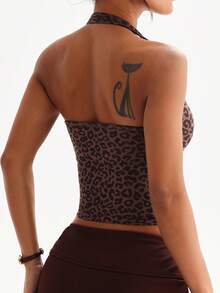 Dewbera 1pc Women's Seamless Sexy Leopard Print Hollow Out Front Zipper Running Fitness Yoga Exercise Top Camisole - Coffee Brown - View 2
