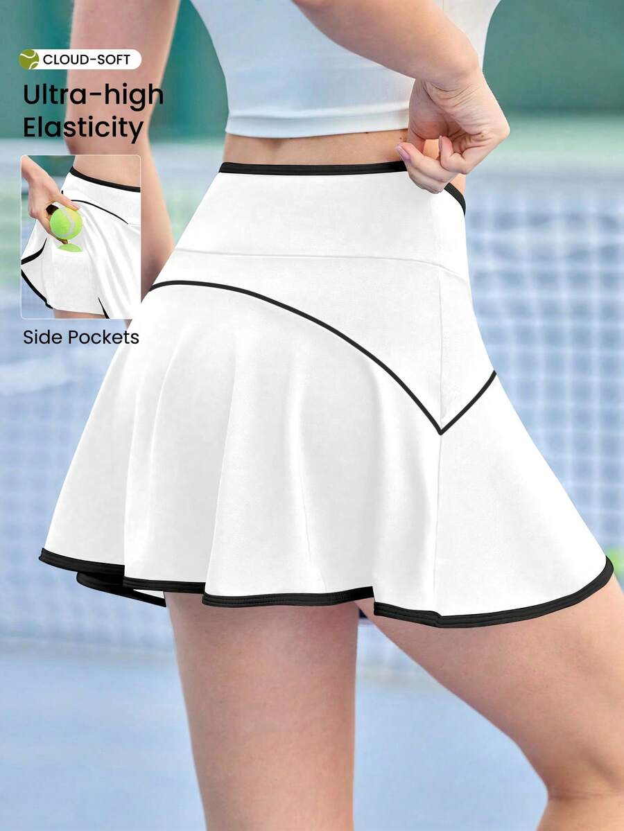 CourtClass 女士拼接撞色口袋休闲百搭日常户外运动裙裤 - 白色 - 查看 1