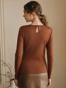 Anewsta Lace Patchwork Long Sleeve Hollow Lace Collar Elegant Slim Fit Women T-Shirt - Redwood - View 2