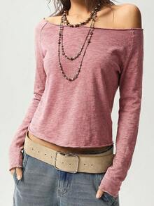 Bohemela Women's Casual Solid Color Knit Boat Neck Long Sleeve Washed T-Shirt - Pink - View 6