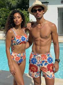 Manfinity Swimmode Herrshorts med blommönster och dragsko i midjan, sommar, avslappnade strandshorts - Blå - Visa 5