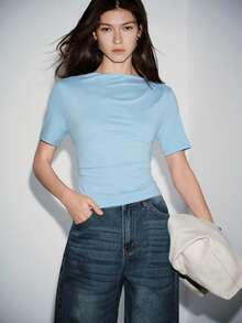 Lumivelle Women's Casual Blue Ruched Waist Short Sleeve T-Shirt Blue T Shirt Light Blue Tops T Shirt Woman Plain Tshirts Women Women's T-Shirt - Blue - View 6