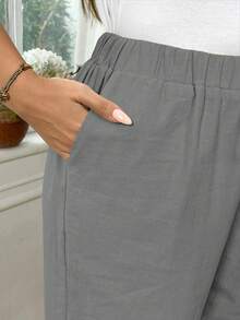 EMERY ROSE Plus Size Women Cotton Solid Color Drawstring Waist Pockets Loose Pants Fall - Light Grey - View 9