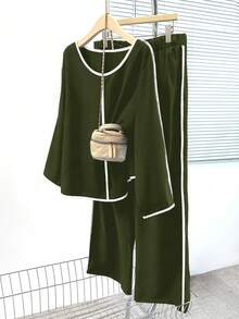 EMERY ROSE Plus Size Women's Contrast Color Round Neck Long Sleeve Shirt And Wide Leg Pants Casual 2 Pieces Set - Army Green - View 1