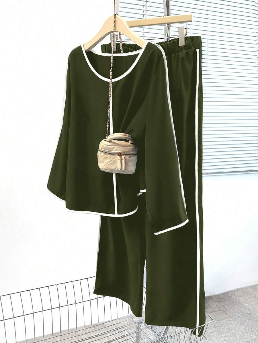 EMERY ROSE Plus Size Women's Contrast Color Round Neck Long Sleeve Shirt And Wide Leg Pants Casual 2 Pieces Set - Army Green - View 1