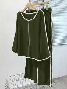 EMERY ROSE Plus Size Women's Contrast Color Round Neck Long Sleeve Shirt And Wide Leg Pants Casual 2 Pieces Set - Army Green - View 5