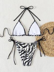 Bonvoyette Women's Swimwear Set, Vacation Beach Zebra Print Handmade Shell Decor Sexy Halter Triangle Bikini, Versatile For Swimming Pool Party, Spring/Summer - Black and White - View 4