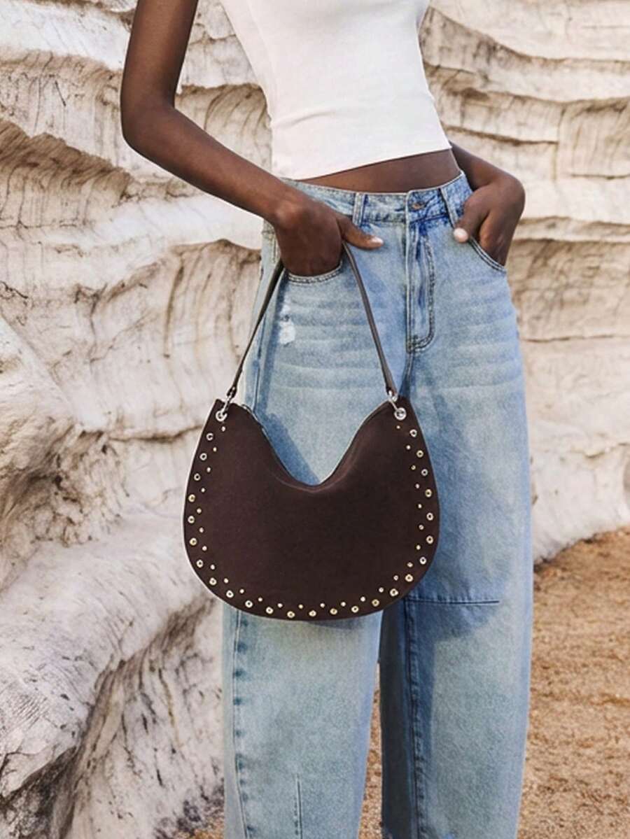 Maija 女士单肩包，流浪包，麂皮，麂皮包，复古，铆钉，经典，时尚，优雅，简约，个性化，百搭，经典，适合通勤、办公、约会、日常、购物、下午茶等场合 - 深咖色 - 查看 1