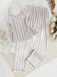 SHEIN Striped Print Faux Silk Camisole Top And Pants Women Pajama Set - Multicolor - View 5