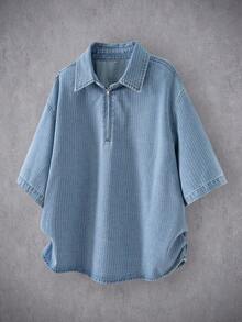 Manfinity Denimwave Loose Collar Open Slit Striped Short Sleeve Polo Casual Versatile - Light Wash - View 1