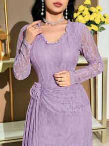 Modelyn Women's Elegant Solid Color Lace 3D Floral Decor Mid-Length Dress - Dusty Purple - View 6