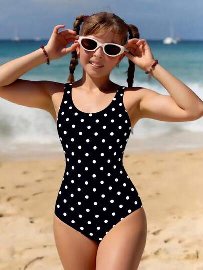 SHEIN Tween Girls One-Piece Swimsuit, Cute Casual Black & White Polka Dot Knit Fabric Sleeveless Romper, Fashionable Elegant Lady Style, Suitable For Swimming, Summer Vacation, Beach, Pool, Holiday Party Girls Black One Piece Cute One Piece Swimsuit Girl Swimsuits For Teen Girls One Piece Black Black Polka Dot Swimsuit Black Polka Dot Swimwear Cute Girl Swimsuit