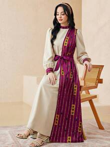 SHEIN 少女杏色拼接印花图案休闲度假长袖连衣裙 - 彩色 - 查看 5