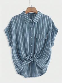 Zelara 大码女式休闲舒适格纹撞色衬衫，百搭乡村音乐会、毕业典礼、夏季早午餐、母亲节、教堂等场合均有穿着。 - 藍色 - 查看 3