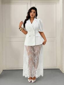 Femmeverse Saia Casual com Detalhe em Renda Plus Size Feminina - Branco - Visão 5