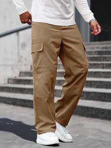 Manfinity Homme Men's Khaki Solid Color Cargo Pocket Straight Leg Casual Pants,Streetwear Autumn Work Cargo Sweatpants For Men - Ginger - View 6