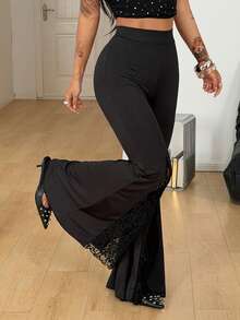 Coolane Women's Fall Summer All-Season Goth Y2K Grunge Halloween Outfits Club Outfits Sexy Country Concert Y2K Black Lace Petite Bell Bottoms Pants - Black - View 6