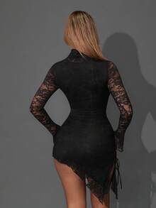 SHEIN ICON Women's Contrast Lace Long Sleeve Asymmetric Hem Fitted Fashionable Mini Dress - Black - View 2