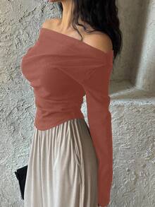DAZY Women's Off Shoulder Solid Color Long Sleeve Curved Hem Simple Design T-Shirt - Orange - View 6