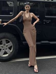 DAZY Đầm maxi ôm sát cổ chữ V dành cho nữ, thích hợp cho mùa xuân hè. - Màu Khaki - Xem 5