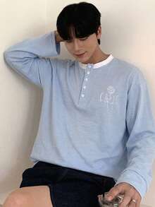 DAZY Men's Spring Patchwork Collar Blue & White 2 In 1 Letter Embroidery T-Shirt - Blue and White - View 5