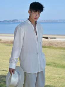 DAZY Men's Solid White Half-Placket Shirt, Spring/Summer - White - View 7