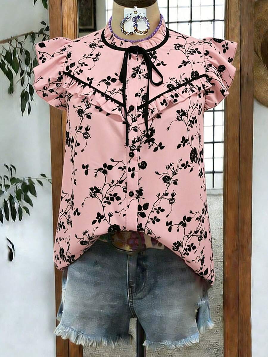 Linhara 大码梭织印花夏季女式衬衫,适合休闲度假 - 粉色 - 查看 1
