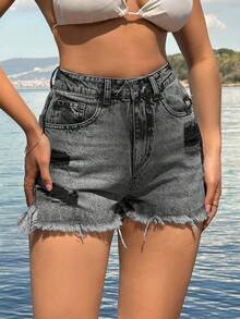 EURMUSE 100%Cotton Back Label Detailed Short With Destroy - Grey - View 6