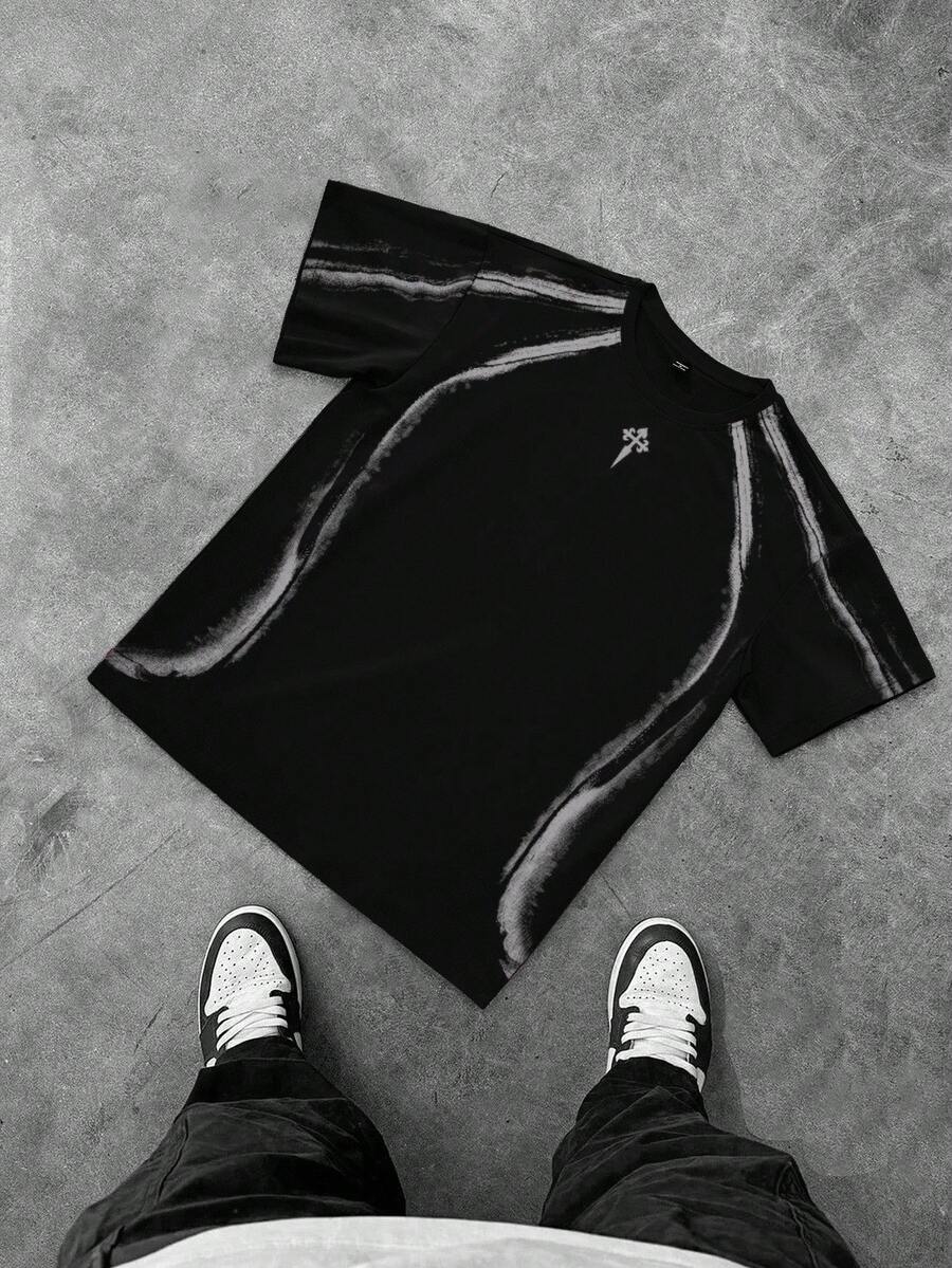 PAVTROS Camiseta de manga corta con cuello redondo y estampado gráfico minimalista para hombres - Negro - Ver 1