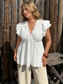 SHEIN LUNE CURVE 大码特色面料白色蕾丝边娃娃领修身短袖通勤法式优雅衬衫 - 白色 - 查看 4