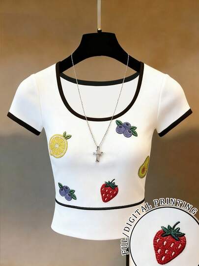 Franclia Women's Casual Vacation Fruit Embroidery Ringer Short Sleeve T-Shirt, Suitable For Daily Commute, Summer